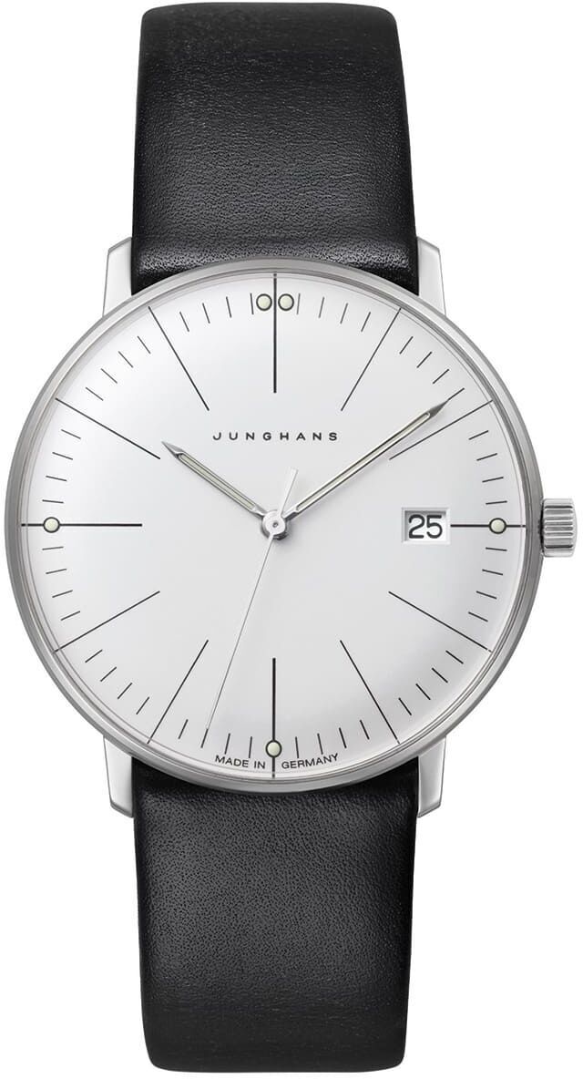 Armbanduhr Junghans Max Bill für Damen mit silbernem Gehäuse, weißem Zifferblatt und schwarzem Lederarmband. Enthält Datumsanzeige rechts.