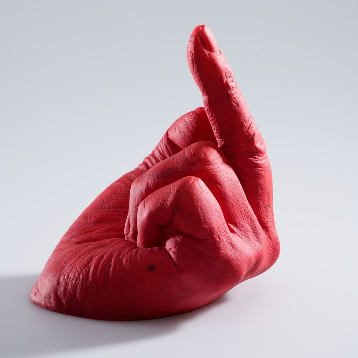 Eine rote Hand, die den Mittelfinger zeigt, dargestellt als Skulptur. Das Kunstwerk »Study of Perspective in Glass« von Ai Weiwei ist provokativ und zeigt eine starke Geste.