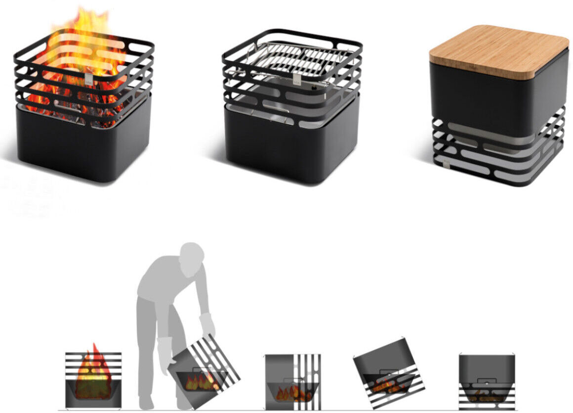Das Produkt »CUBE« Abdeckhaube zeigt eine Feuerschale mit einem modernen, quadratischen Design. Die Bilder zeigen die Feuerschale in verschiedenen Zuständen: mit brennendem Feuer, geschlossen mit einer Holzplatte und teilweise abgedeckt. Ein Mensch bedient die Feuerschale in einer der Abbildungen. Das Design ist in schwarz und silber gehalten, die Holzabdeckung ist naturfarben.