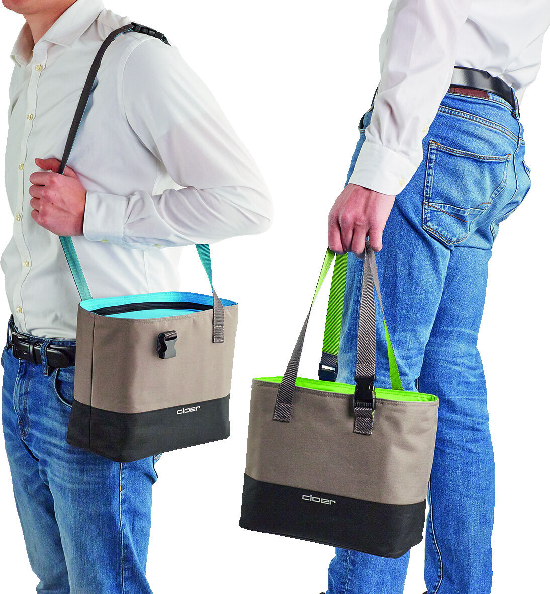 Zwei Personen tragen eine graue Lunch-Tasche mit türkisfarbenen und neon-grünen Details. Die Tasche ist isoliert und für den Transport von Lebensmitteln geeignet.