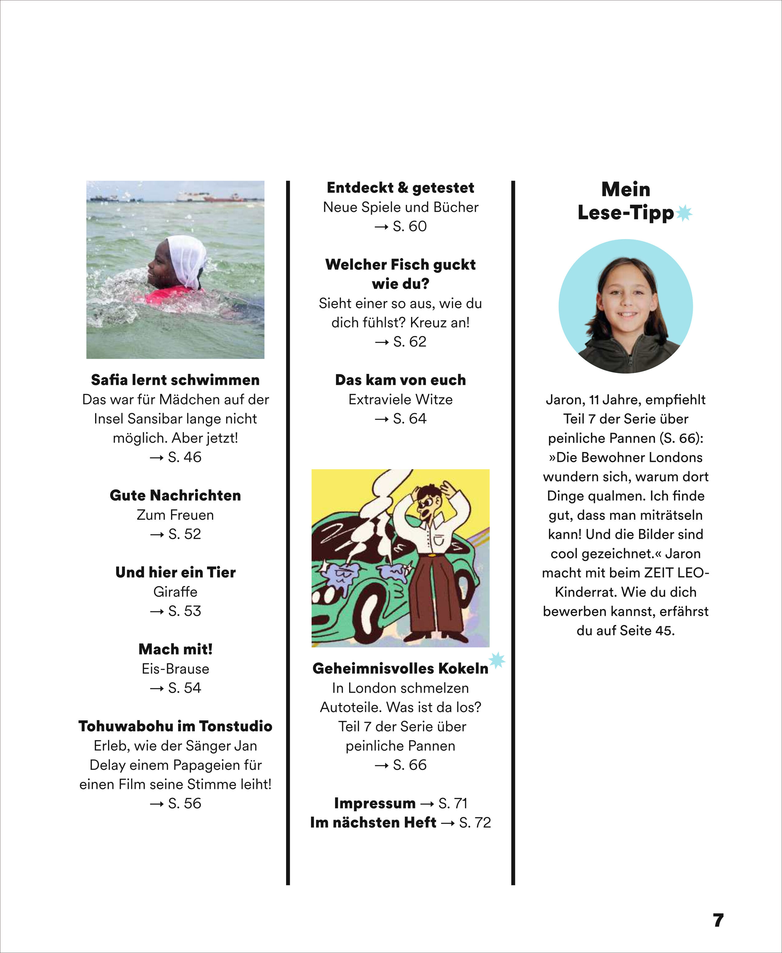 Deutsche Zeitschriftenseite der ZEIT LEO-Ausgabe 4/25 mit Inhaltsübersicht; drei Spalten mit bunten Rubriken zu Themen wie Schwimmen lernen, Tierwitze, Rätsel und Lese-Tipps, einer Kinderabbildung sowie farbigen Akzenten auf weißem Hintergrund.