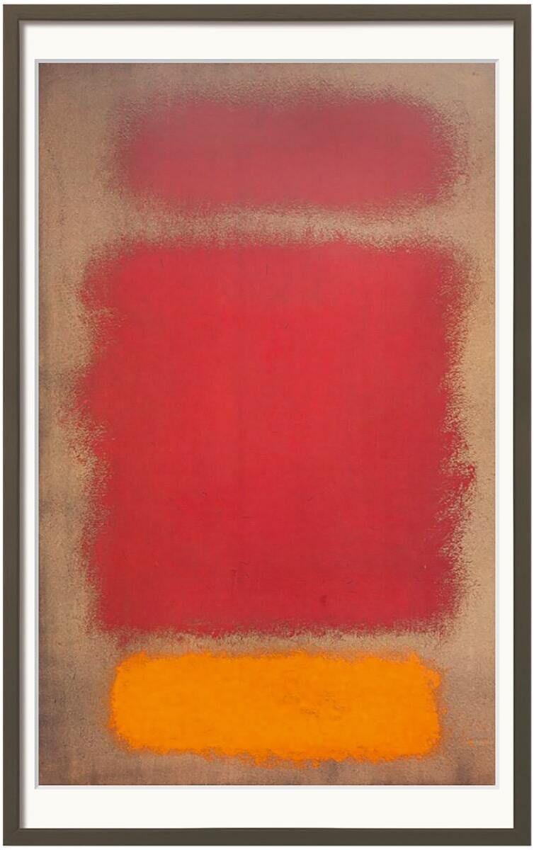 Ein Kunstwerk von Mark Rothko mit dem Titel „Untitled, 1968“. Es zeigt drei schwebende Farbfelder: ein großes rotes Rechteck oben, ein kleineres rotes Rechteck in der Mitte und ein oranges Rechteck unten, alle mit verschwommenen Rändern, auf einem braunen Hintergrund.