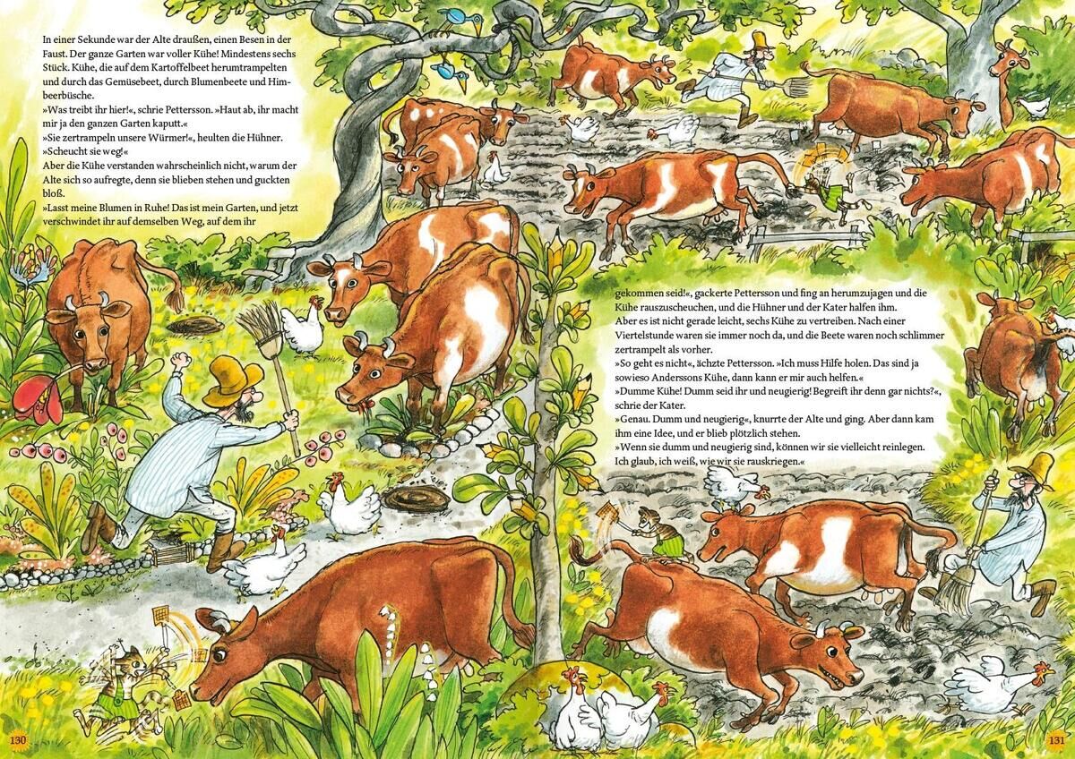 Eine farbenfrohe Illustration aus dem Kinderbuch 'Pettersson und Findus. Unsere schönsten Geschichten' zeigt eine lebhafte Szene auf einem Bauernhof mit vielen Kühen, Hühnern und einer grünen, üppigen Landschaft.