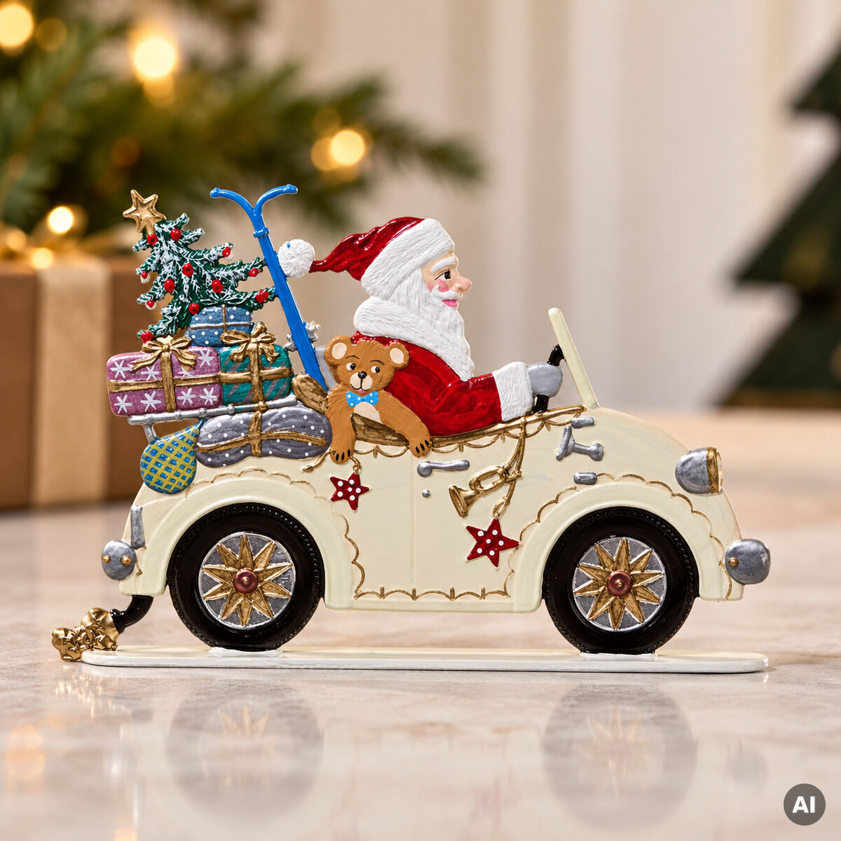 Zinnfigur der Marke Wilhelm Schweizer zeigt einen fröhlichen Weihnachtsmann in einem cremefarbenen Oldtimer. Im Auto stapeln sich Geschenke, ein kleiner Weihnachtsbaum und ein Teddybär. Feine Details und festliche Farben sorgen für nostalgischen Weihnachtscharme.