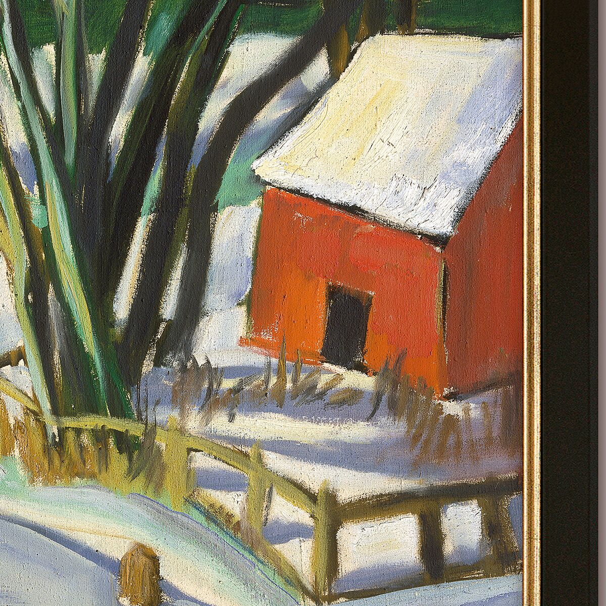 Gerahmte Kunstdruck-Reproduktion mit dem Titel »Am Strom im Winter (Leba)« von Max Pechstein, 1922. Das Bild zeigt eine expressionistische Winterlandschaft mit Eis, Fluss, Bäumen und kleinen Booten, in kräftigen Blau-, Grün- und Brauntönen. Massivholzrahmen, hochwertige Giclée-Leinwand.