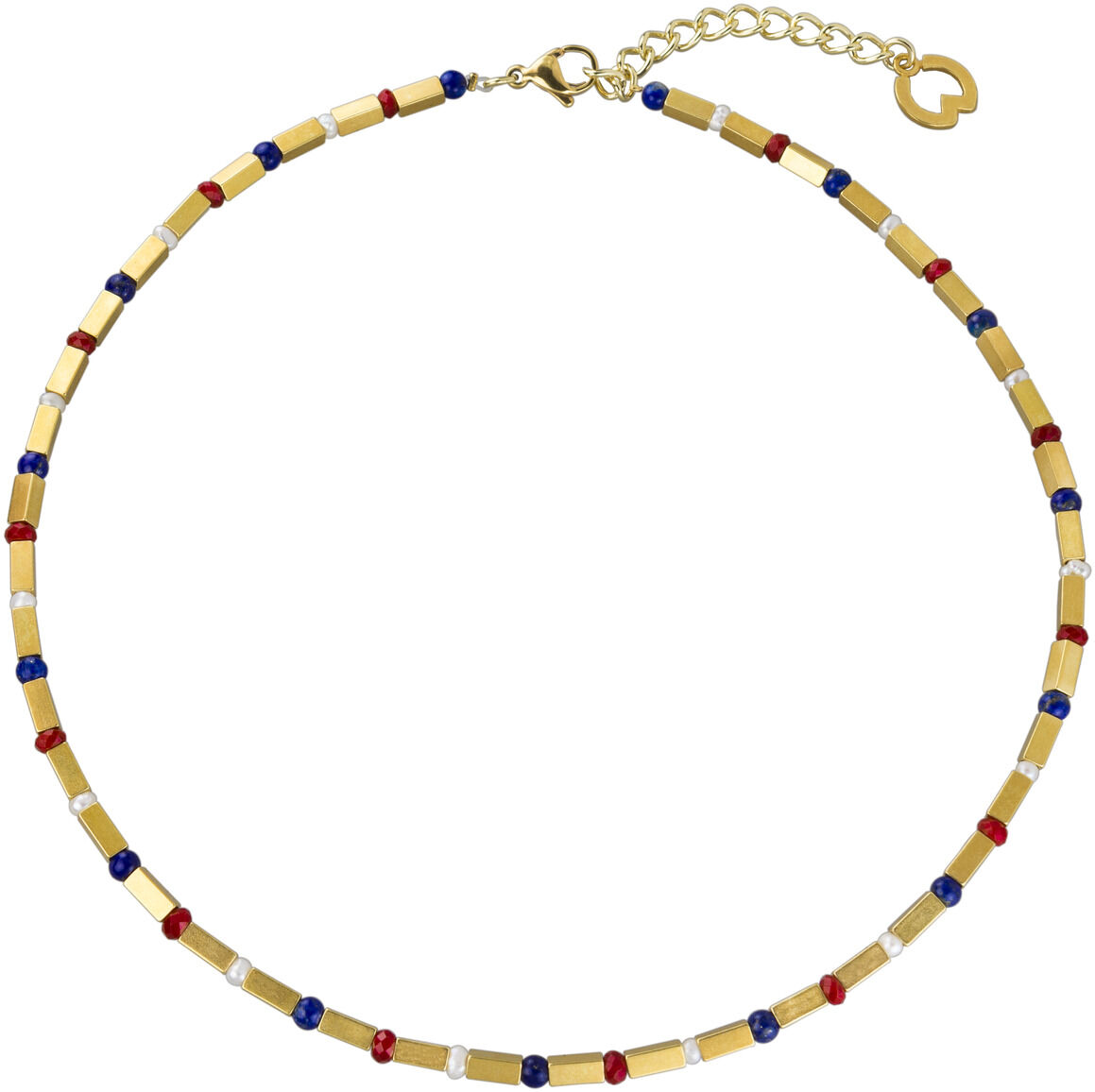 Ein Schmuckset »Kalea«, bestehend aus einer Goldkette mit blauen und roten Perlen in rechteckigen Formen. Ideal für verschiedene festliche Anlässe und als elegantes Accessoire für Frauen.