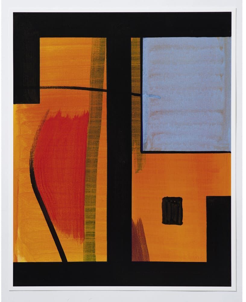 Ein abstraktes Kunstwerk von Thomas Scheibitz aus dem Jahr 2020 mit dem Titel 'Alphabet T¹'. Es zeigt geometrische Formen und Farbfelder in Orange, Schwarz, Blau, Gelb und Rot. Die Komposition ist schlicht und minimalistisch gehalten.