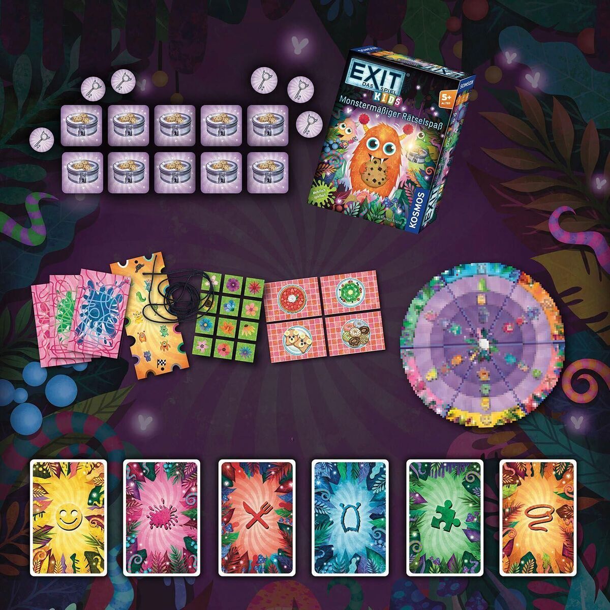 Auf dem Bild ist das Spiel 'EXIT® - Das Spiel - Kids: Monstermäßiger Rätselspaß' zu sehen, das aus einer Auswahl an Karten, Spielsteinen, einer Spielanleitung und einer bunten, illustrierte Spielfläche besteht. Verschiedene farbenfrohe Karten mit Monster- und Abenteuermotiven sind um das Spielfeld herum verteilt.