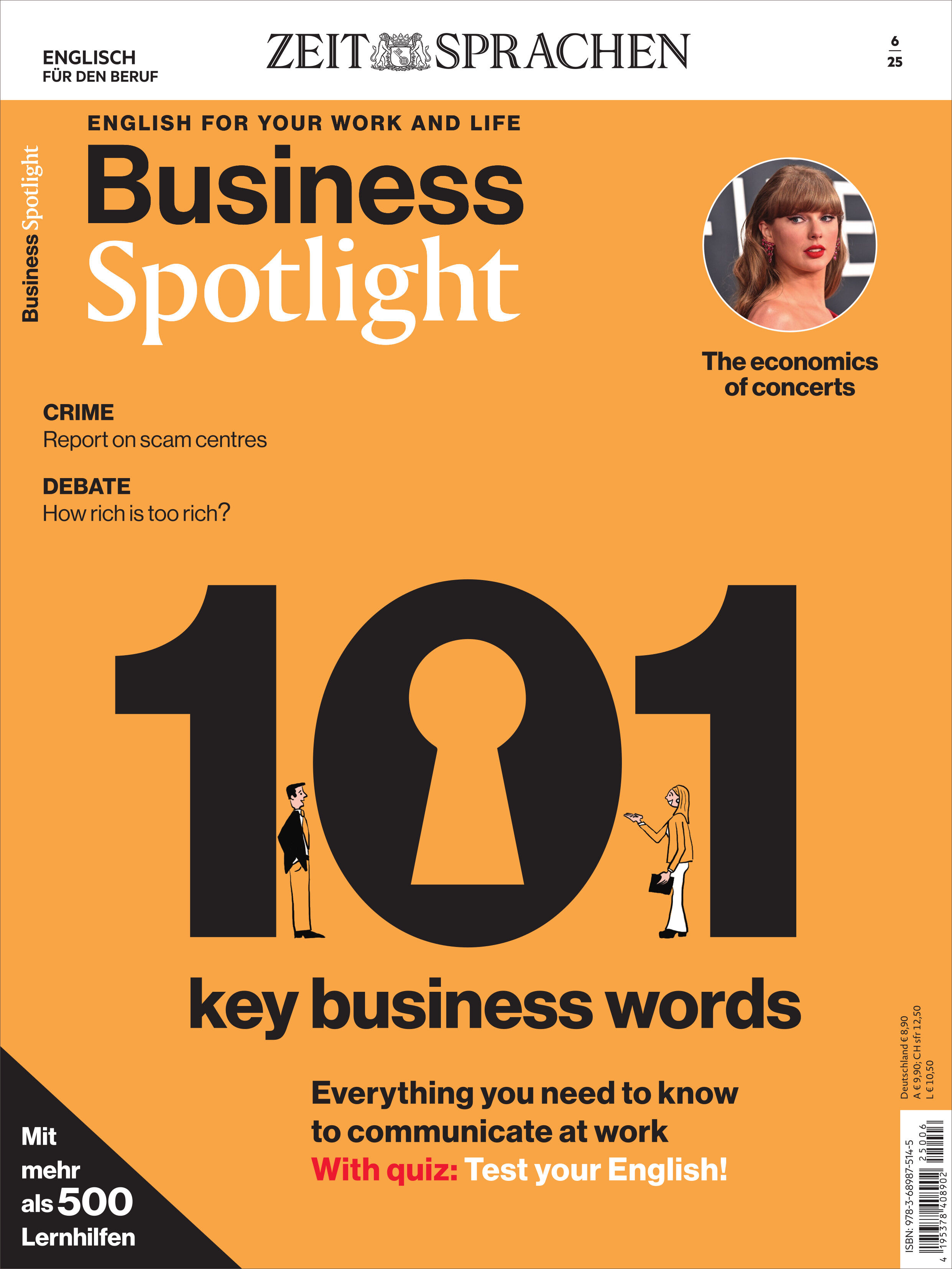 Titelseite des Business Spotlight Magazins 6/2025 mit dem Titel '101 key business words', eine Frau und ein Mann als Illustrationen, und einem Artikel über Wirtschaftskonzerte.