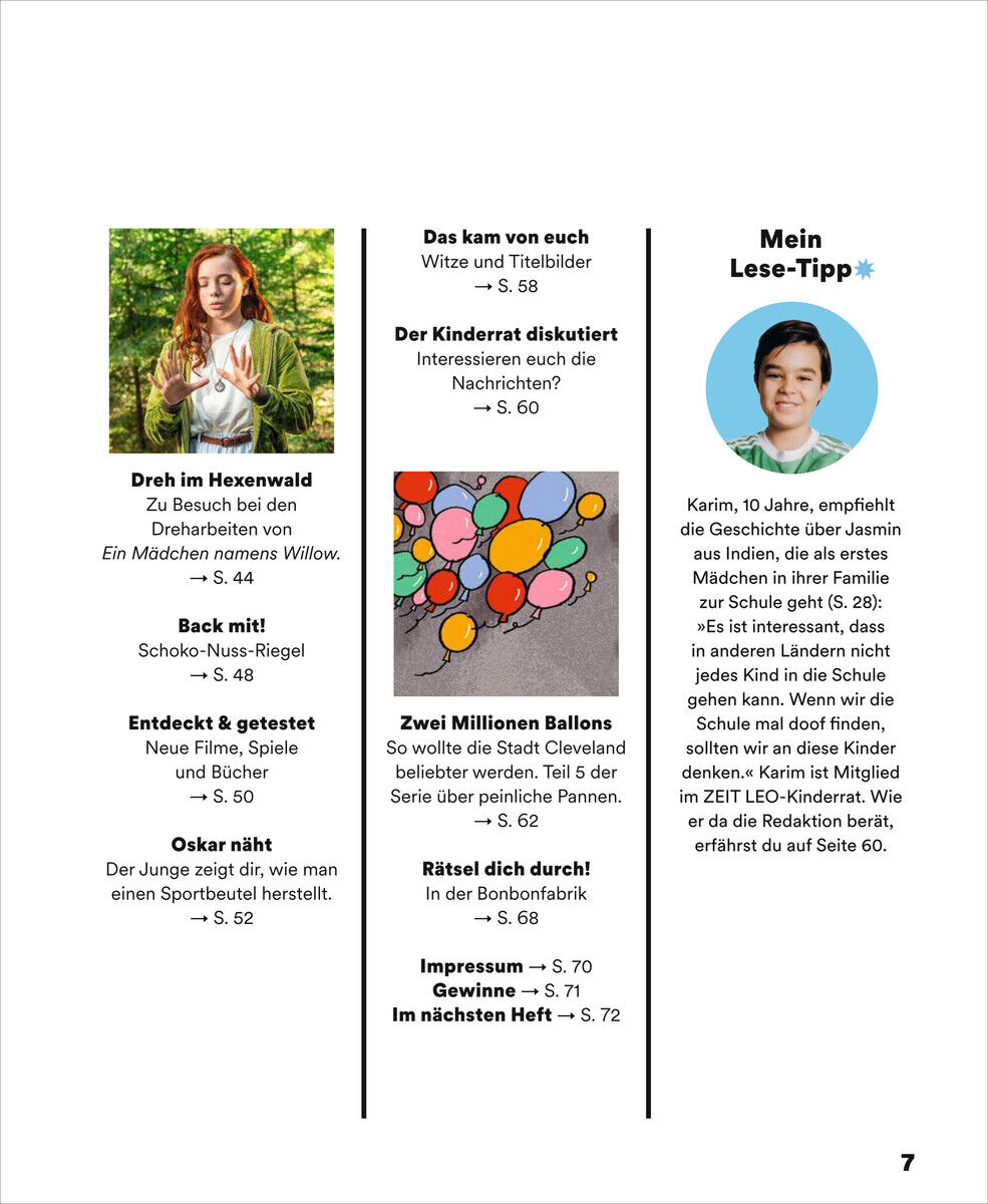 Seite eines Kindermagazins ZEIT LEO 2/25 Alte Schätze mit verschiedenen Textabschnitten und farbigen Illustrationen.