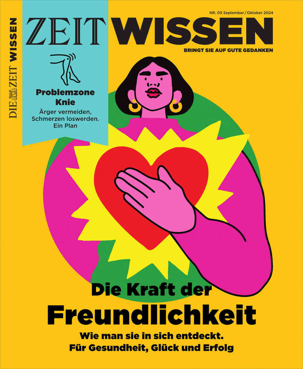 Titelbild der Ausgabe 5/24 des Magazins ZEIT WISSEN mit dem Hauptthema 'Die Kraft der Freundlichkeit'. Im Vordergrund eine Illustration eines stilisierten Herzens in Gelb, Pink und Rot, das von zwei Händen gehalten wird. Der Hintergrund ist gelb. Im oberen Bereich des Covers steht der Magazintitel 'ZEIT WISSEN' in schwarzen Buchstaben.