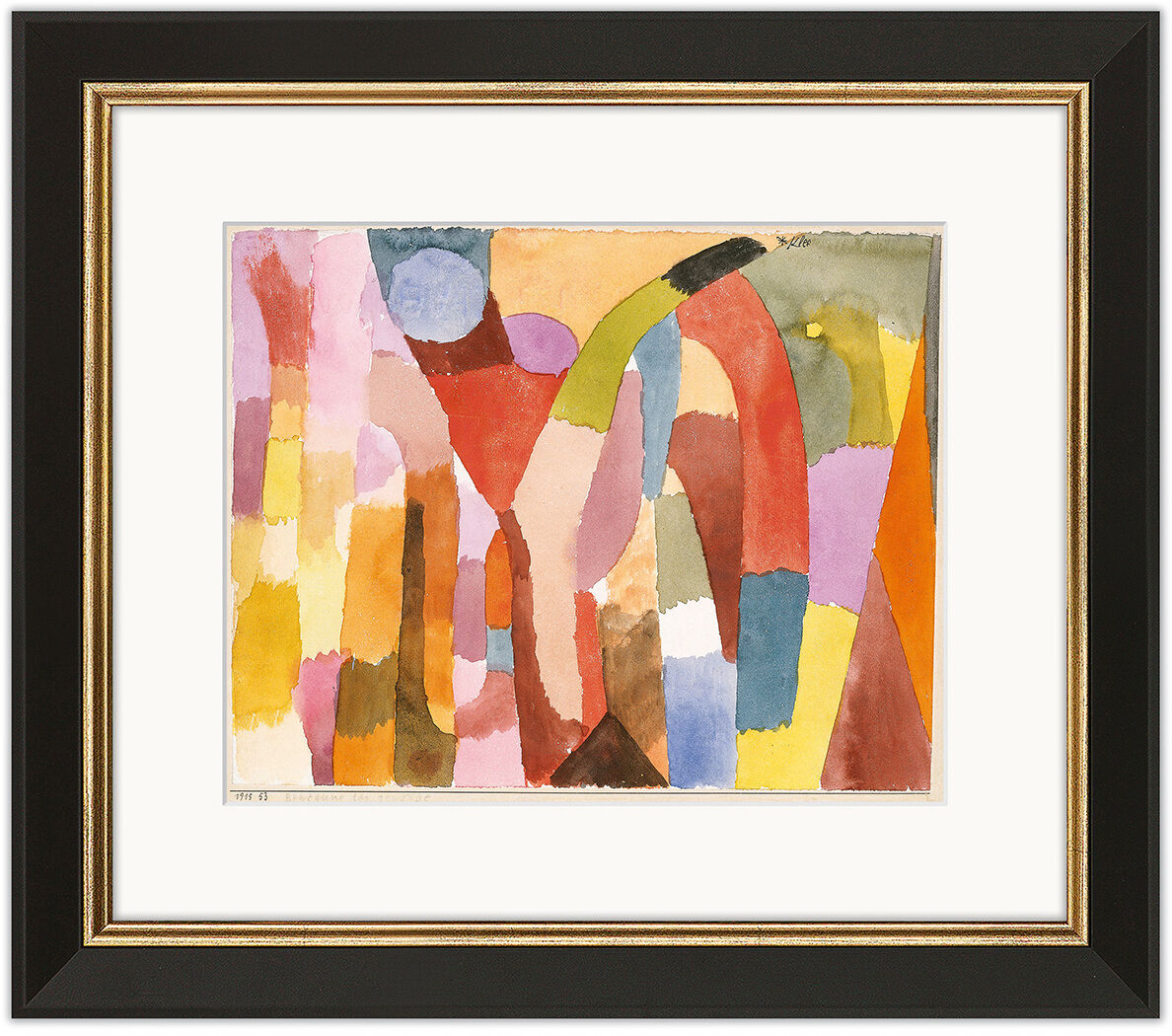 Das Bild zeigt Paul Klees abstraktes Werk »Bewegung der gewölbten Kammern« von 1915. Viele organisch gebogene und rechteckige Formen in Rot-, Lila-, Gelb- und Brauntönen überlappen sich vor pastellfarbenem Hintergrund. Der Druck ist in schwarz-goldfarbenem Rahmen gefasst.