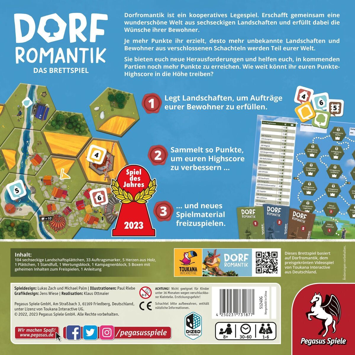 Bild von Dorfromantik - Das Brettspiel, Spiel des Jahres 2023. Die Verpackung zeigt die Spielregeln, den Spielplan mit hexagonalen Plättchen und die Punktewertung. Markenname Pegasus Spiele sichtbar.