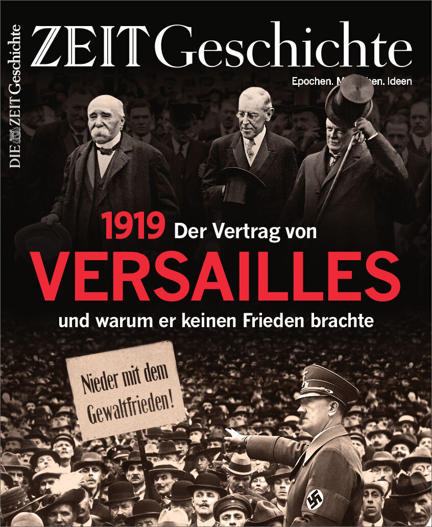 Buchcover von 'ZEIT GESCHICHTE Der Vertrag von Versailles 1919' mit einem Foto von historischen Persönlichkeiten des Vertrags. Der Titel und Untertitel sind in weißen und roten Buchstaben geschrieben.