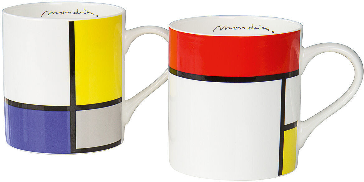 Zwei weiße Kaffeebecher mit Künstlermotiven von Mondrian. Die Becher sind mit roten, gelben, blauen und schwarzen Farbblöcken und schwarzen Linien verziert.