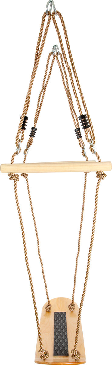 Ein Skateboard-Schaukel bestehend aus einer Holzplatte mit Seilen sowie einer Metallhängevorrichtung, geeignet für Kinder und Jugendliche zum Spielen und Balancieren im Freien.