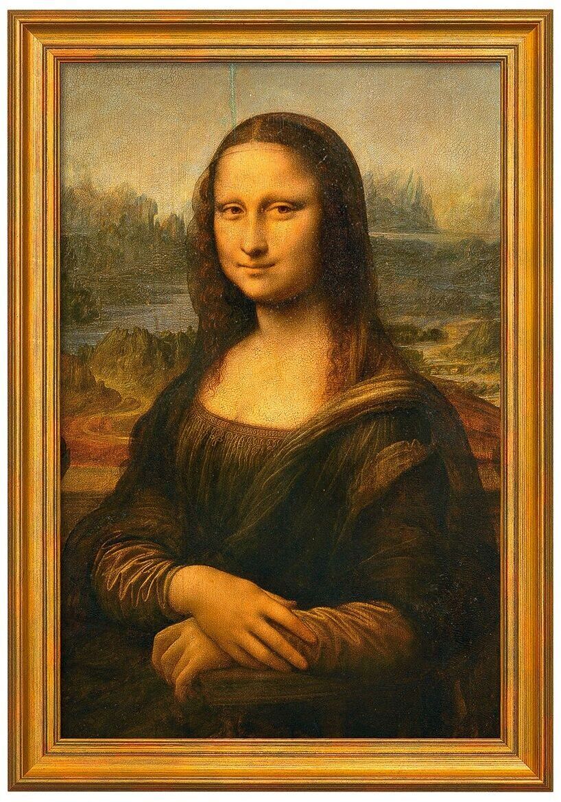 Das Gemälde „Mona Lisa“ von Leonardo da Vinci aus den Jahren 1503-1506 zeigt eine Frau mit einem leichten Lächeln, die vor einer natürlichen Landschaft sitzt. Der Hintergrund zeigt hügelige Landschaften und Wasserwege. Das Gemälde ist in einem goldenen Rahmen eingerahmt. Die Frau trägt dunkle Kleidung und hat lange, dunkle Haare. Das Bild ist ein bekanntes Werk der Renaissancekunst.