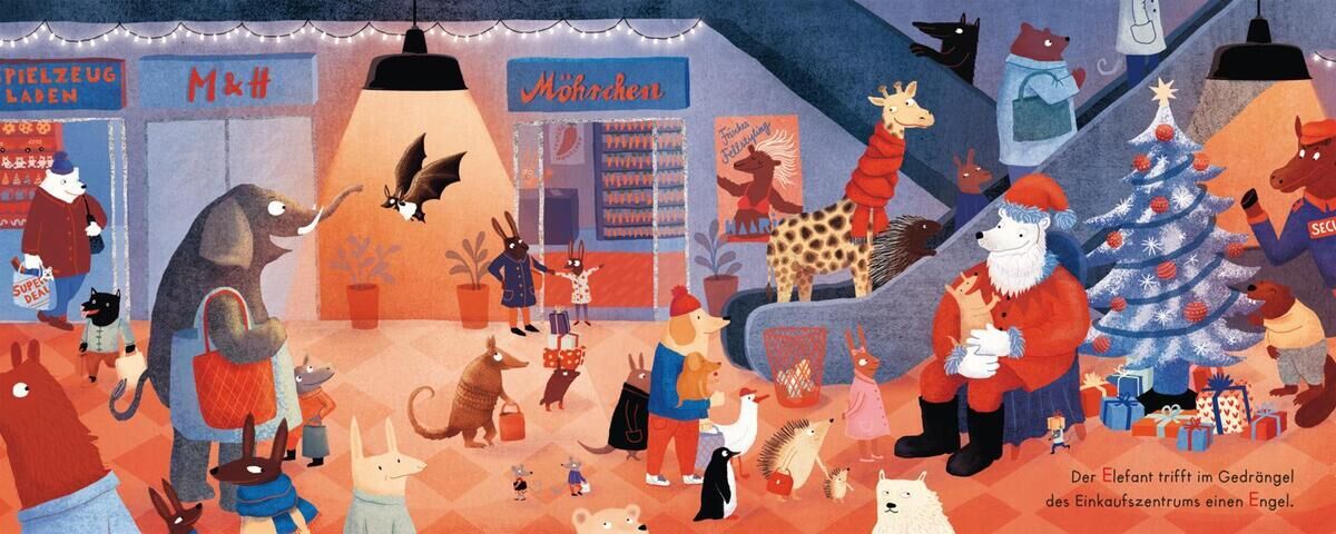 Illustration eines Weihnachtsgeschäfts mit verschiedenen Tieren, die sich um einen verkleideten Weihnachtsmann versammeln. Der Fuchs spielt eine Flöte. Im Hintergrund befinden sich geschmückte Ladenfronten und ein Weihnachtsbaum.