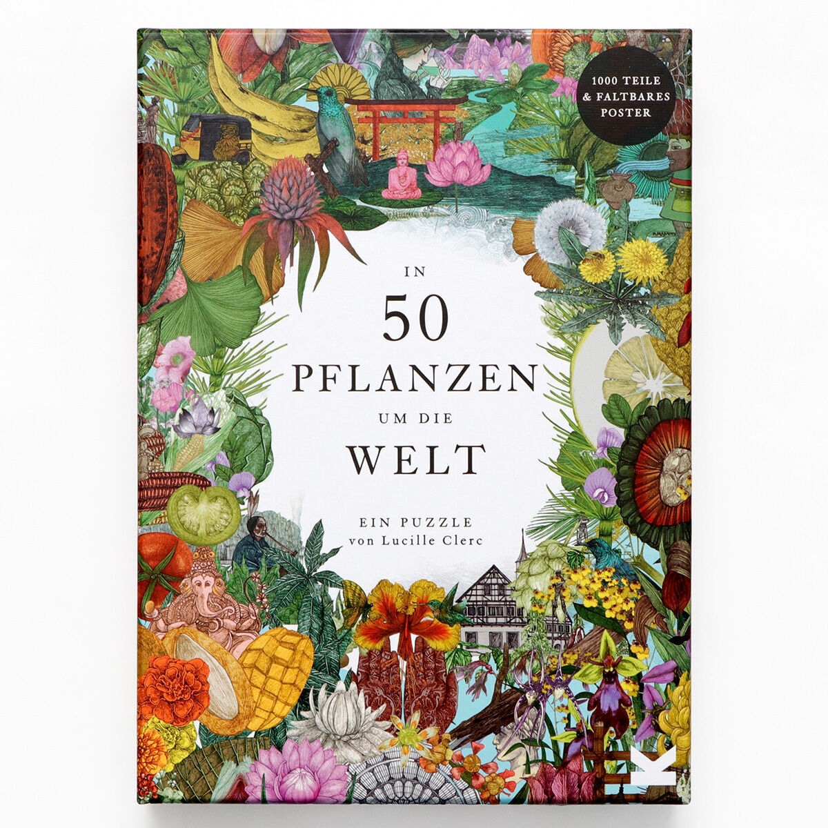Ein Puzzle mit dem Titel »In 50 Pflanzen um die Welt« von Lucille Clerc, das eine bunte, detaillierte Illustration von verschiedenen Pflanzen und Blumen rund um die Welt zeigt. Die Packung enthält 1000 Teile und ein faltbares Poster.
