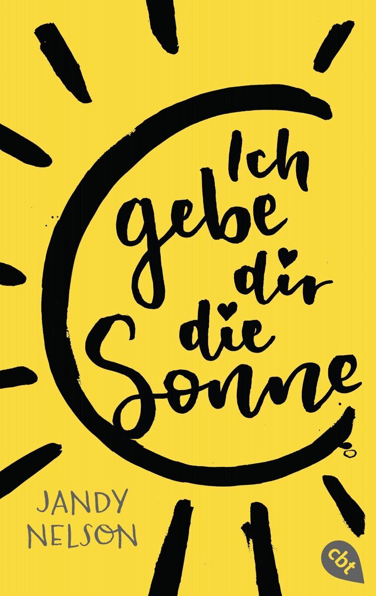 Das Buchcover von 'Ich gebe dir die Sonne' von Jandy Nelson zeigt eine leuchtend gelbe Hintergrundfarbe mit schwarzem Text und grafischen Elementen, die Sonnenstrahlen darstellen. Der Titel ist in einer verspielten, handgeschriebenen Schrift dargestellt.