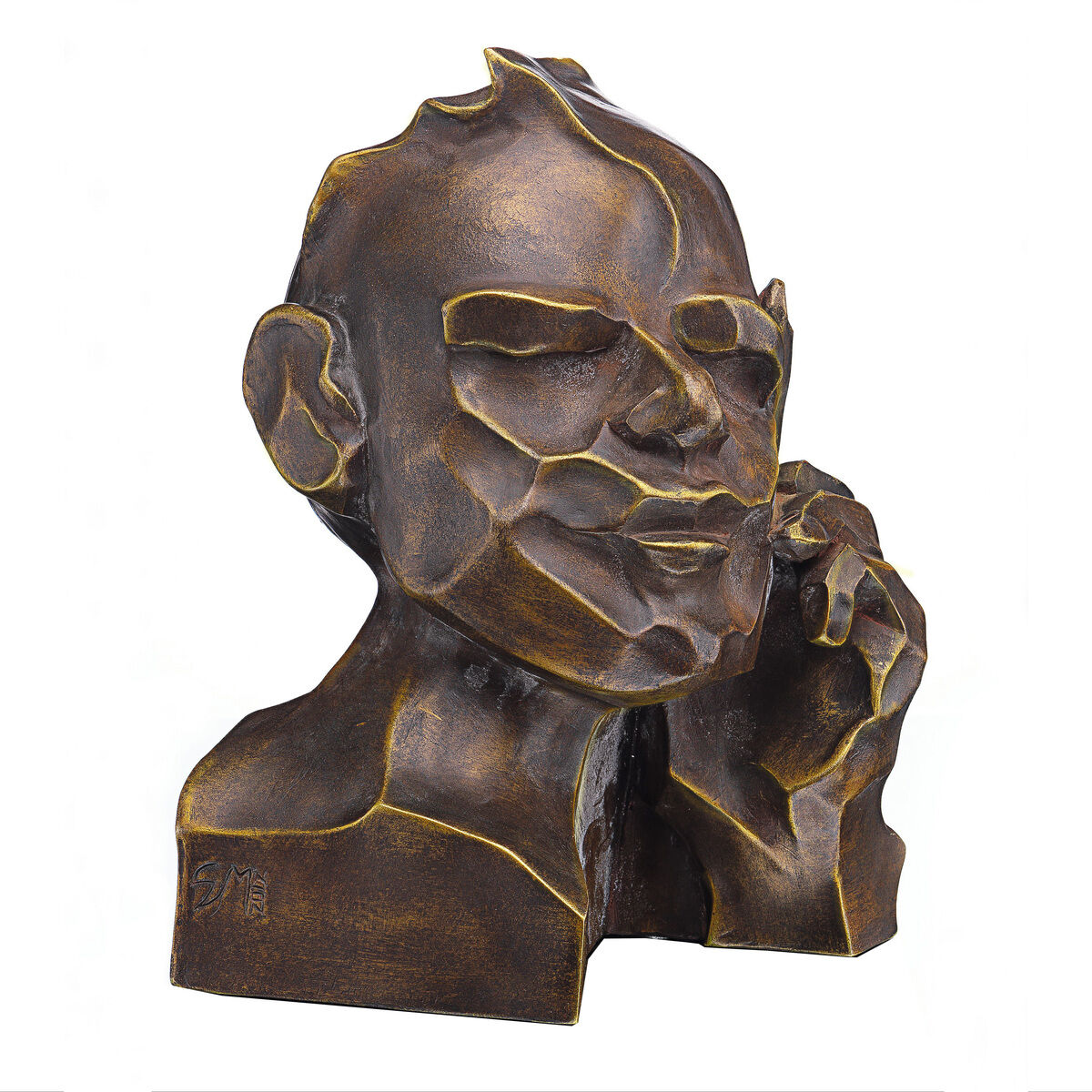 Die Skulptur »Der Denker« von Margot Stöckl zeigt eine stilisierte Büste mit kantigen, facettierten Flächen und nachdenklicher Pose. Gefertigt aus Kunstbronze, limitiert, mit sichtbar strukturierter Oberfläche, ideal für Kunstinteressierte und als exklusives Dekorationsobjekt.