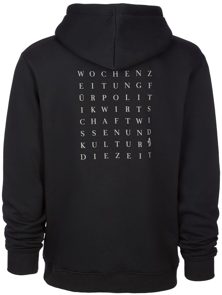 Schwarzer Hoodie aus der ZEIT-Kollektion mit weißem Backprint, der Worte wie 'Wochenzeitung', 'Politik', 'Wirtschaft', 'Wissenschaft', 'Kultur' und 'Die Zeit' zeigt.