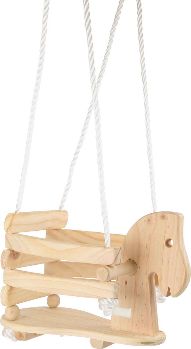 Natürliche Holzschaukel in Form eines Ponys mit weißem Seil, geeignet für Kleinkinder.