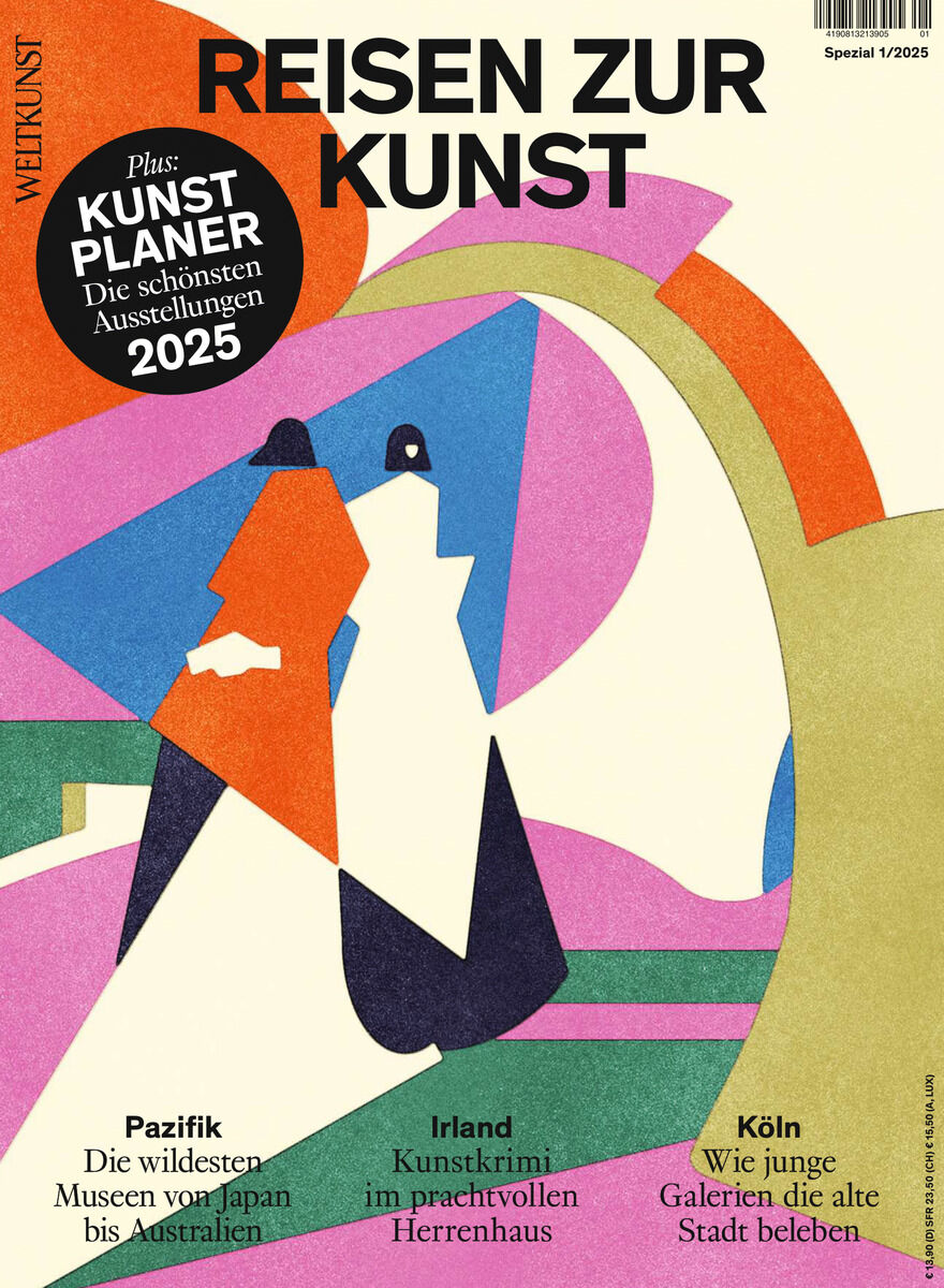 Ein Magazincover mit dem Titel ‚Reisen zur Kunst‘, illustriert mit farbenfrohen, abstrakten Formen in Blau, Rot, Gelb, Grün und Orange. Zusätzliche Beschriftungen verweisen auf Kunstthemen in Irland, Köln und dem Pazifik sowie einen Kunstplaner für 2025.