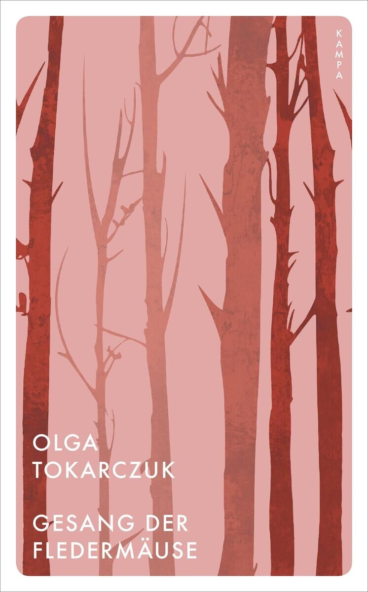 Titelbild des Buches 'Gesang der Fledermäuse' von Olga Tokarczuk. Es zeigt eine minimalistische Illustration von roten und braunen Baumstämmen vor einem rosa Hintergrund.