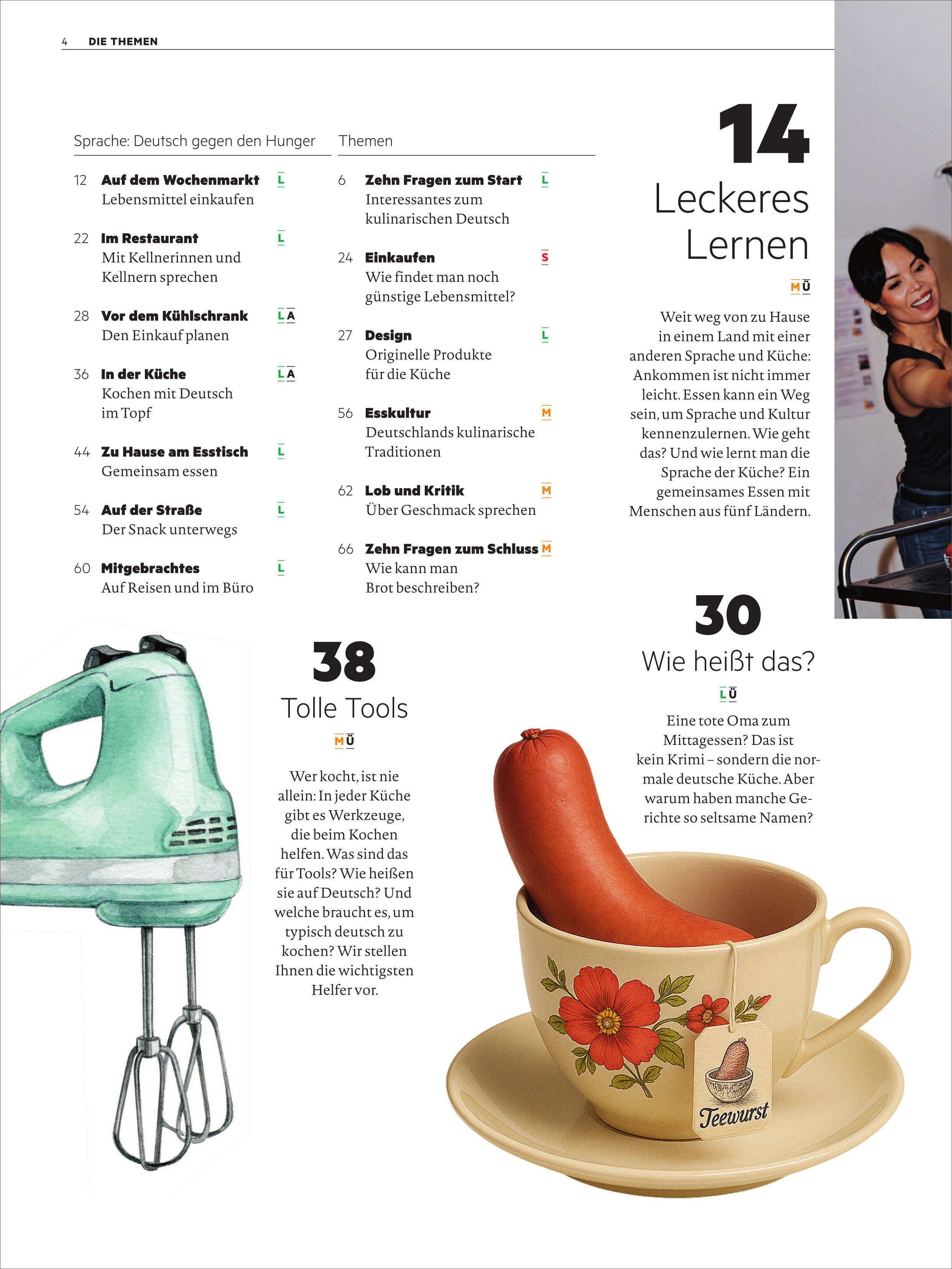Titelseite der Sonderausgabe des Magazins Deutsch perfekt 12/2025 mit Illustrationen eines grünen Handmixers, einer Tasse mit Wurst darin, einer lächelnden Person und einer Themenübersicht. Die Artikel decken Deutschlernen, Alltagssprache, Werkzeuge und Alltagsrezepte ab.