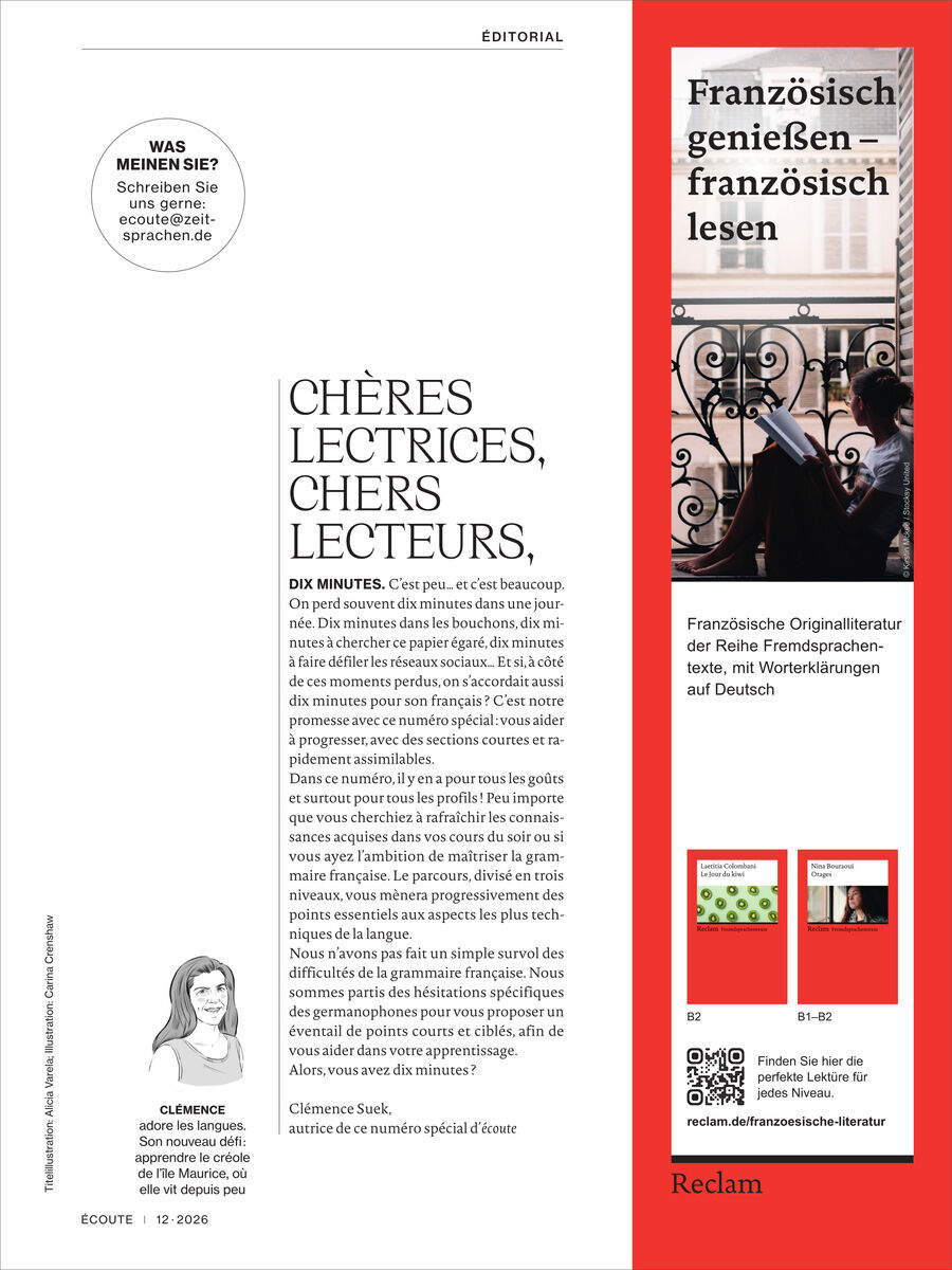 Das Titelblatt einer Magazinseite von Écoute 12/2026 Sonderausgabe. Links Editorial mit Schwarz-Weiß-Porträt und Begrüßung, rechts eine rote Werbeseite von Reclam mit dem Slogan 'Französisch genießen – französisch lesen', einem Foto einer Frau am Gitterbalkon und zwei Buchcovern in Orange-Rot.