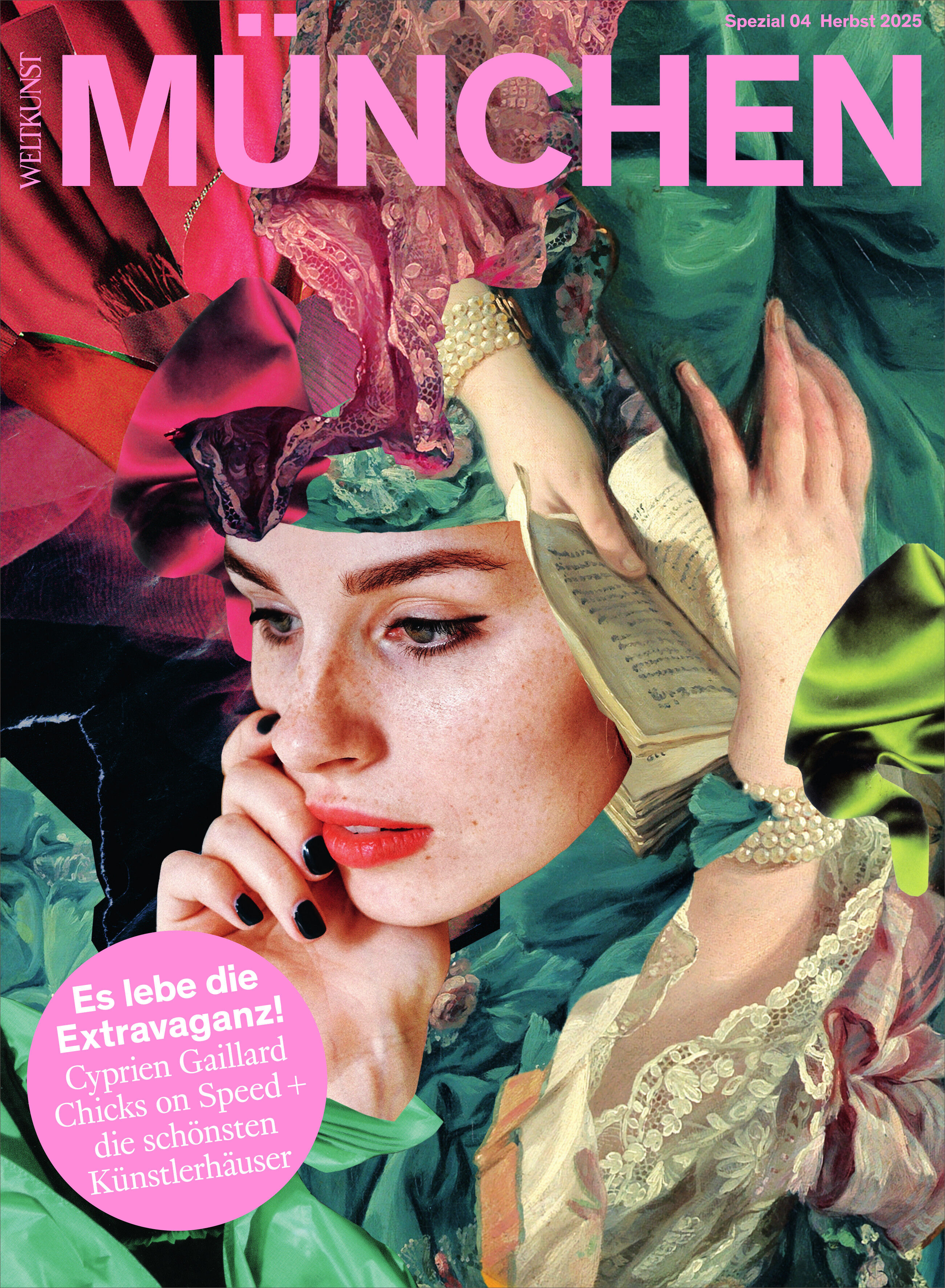 Titelbild des Magazins WELTKUNST 247/25 Sonderheft München mit einer farbenfrohen Collage aus weiblichem Porträt, kunstvollen Stoffen und aufgeschlagenem Buch vor einem lebhaften pinken Hintergrund. Im Vordergrund befindet sich ein Textfeld mit Informationen zur Ausgabe.