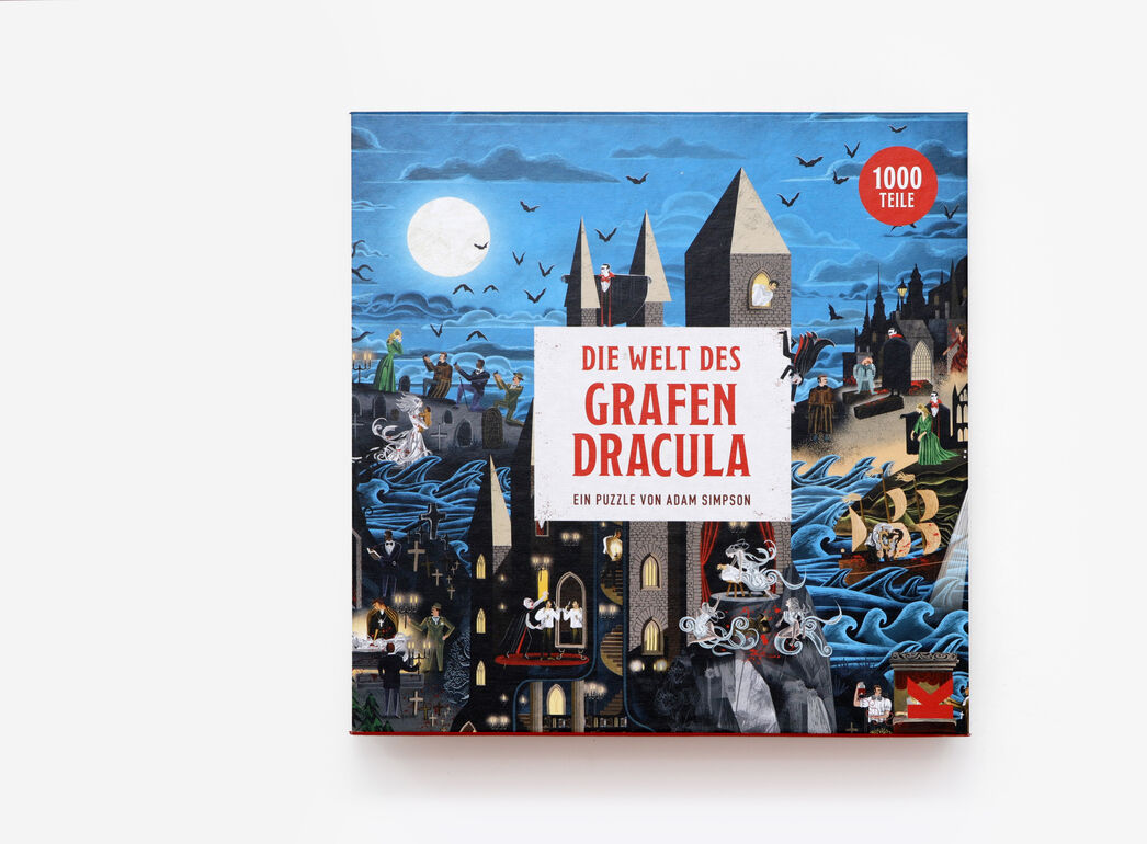Die Verpackung des Puzzles 'Die Welt des Grafen Dracula', zeigt eine düstere, nächtliche Szene mit einem Schloss und vielen Vampiren und Fledermäusen. Der Text auf der Vorderseite der Verpackung ist in roten Buchstaben geschrieben.