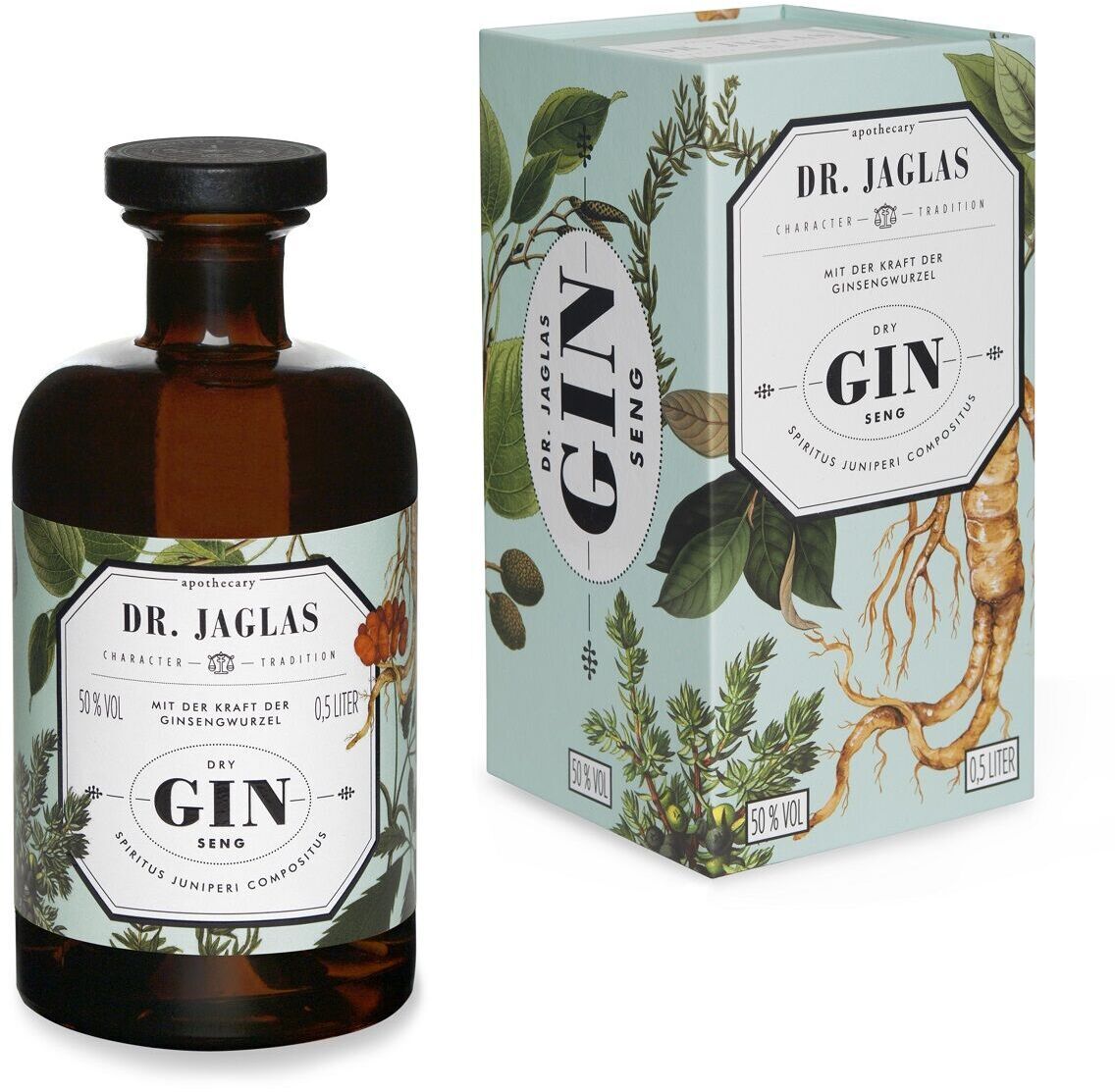 Eine braune Glasflasche Dry GIN-seng Gin von Dr. Jaglas und eine farblich passende Geschenkverpackung mit botanischen Illustrationen und Ginseng-Wurzeldesign.