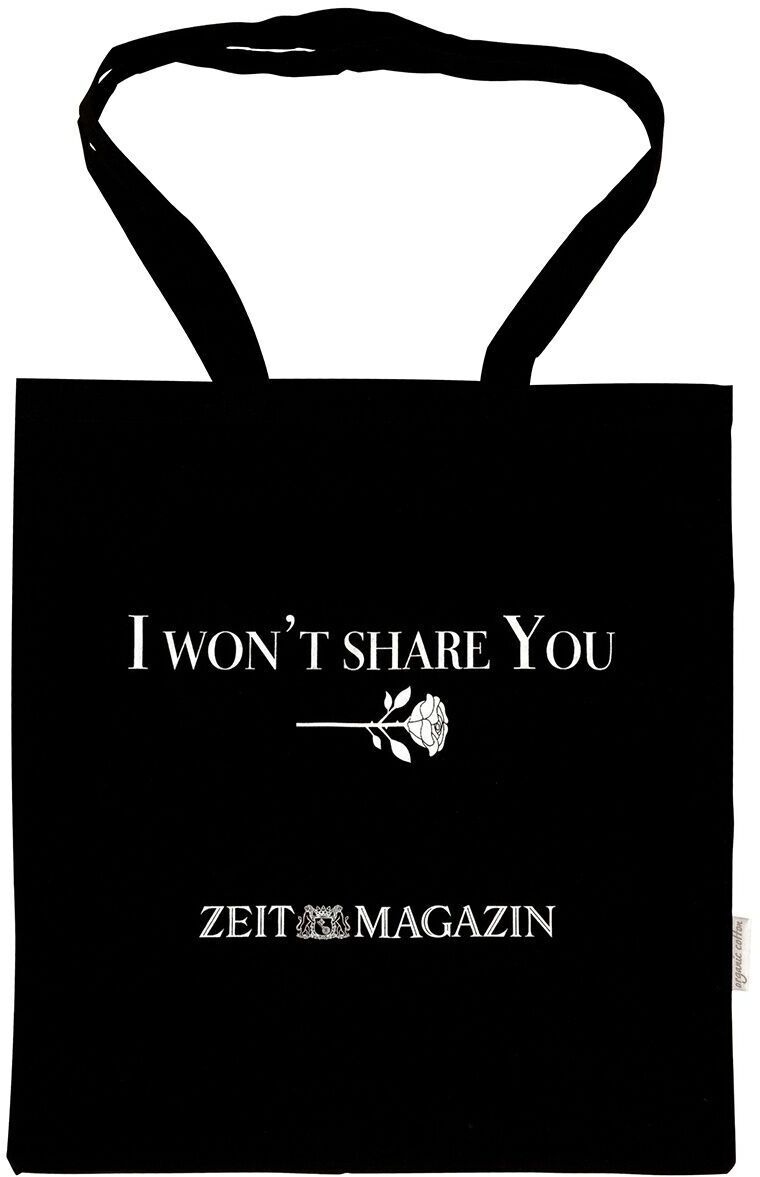 Schwarze Stofftasche mit weißen Schriftzügen „I won't share you“ und „Zeitmagazin“ sowie einer weißen Rose in der Mitte.