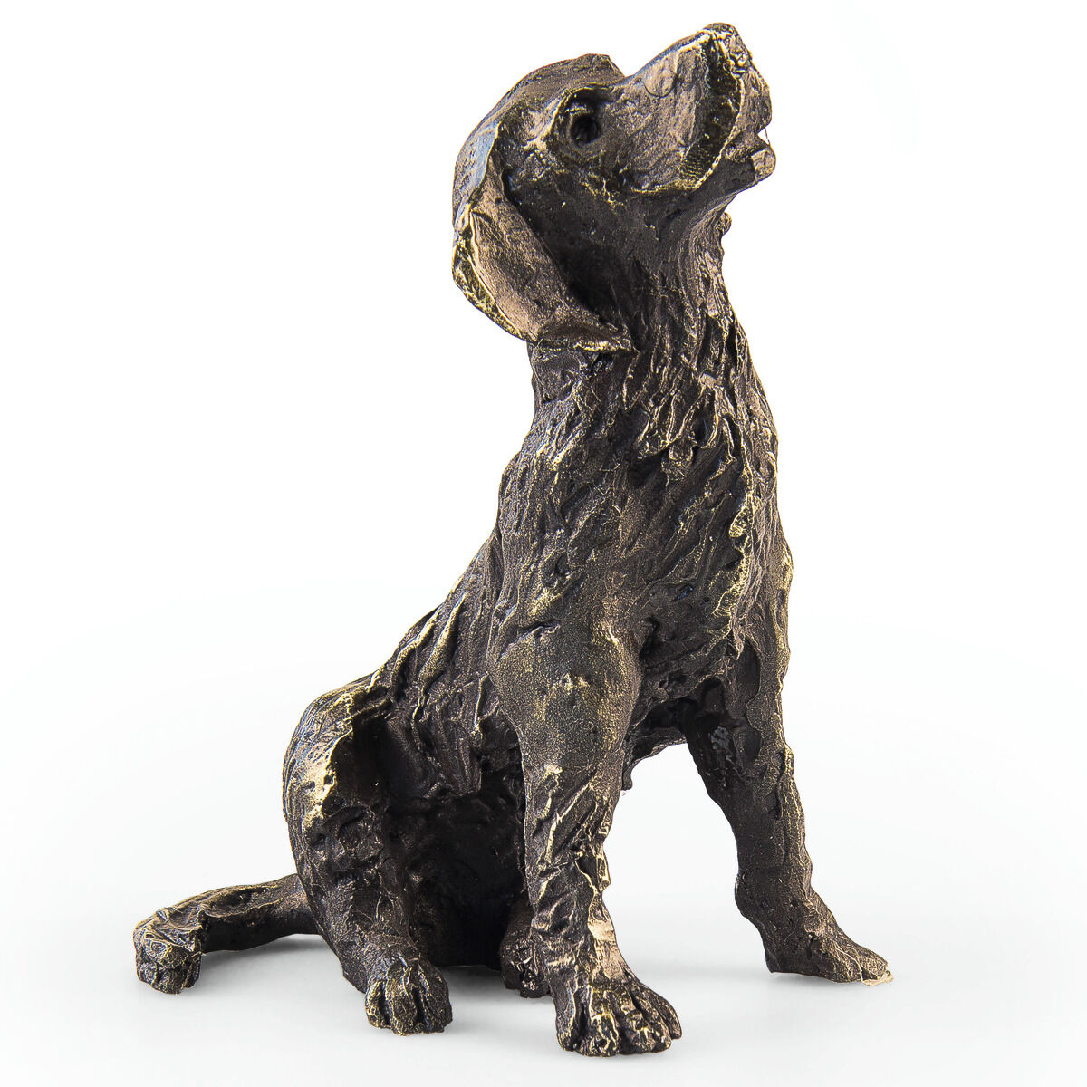 Freigestellte Produktaufnahme der Ars mundi Skulptur »Treuer Begleiter«: Ein detailreich modellierter, sitzender Hund aus dunkel bronziertem Metallguss blickt mit leicht geöffnetem Maul aufmerksam nach oben. Die strukturierte Felloberfläche zeigt goldbraune Abriebakzente; die Figur steht auf weißem Grund.