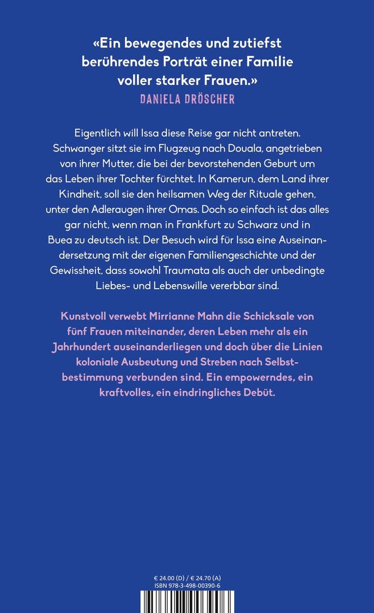 Buchcover von 'Mahn, M: Issa' in Blau, Weiß und Lila. Der Text beschreibt eine tief bewegende Familiengeschichte. Oben eine Rezension von Daniela Dröscher.