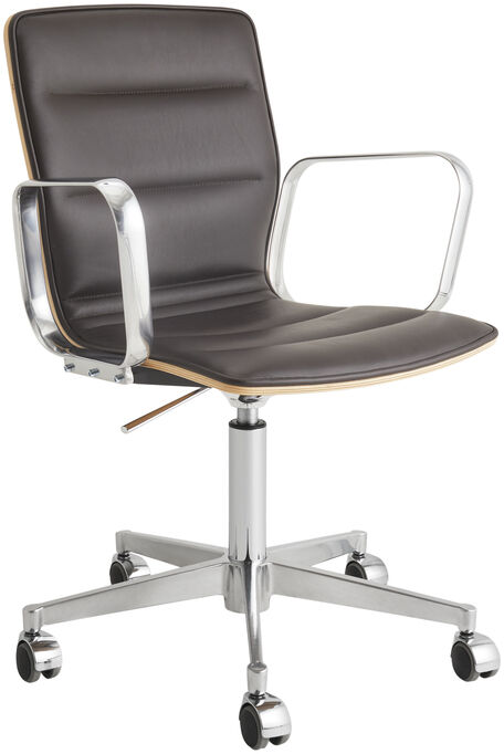 ZEIT Sonderedition Schreibtischstuhl »Butterfly High« aus Leder und Eiche. Ein ergonomischer und verstellbarer Bürostuhl mit schwarzem Ledersitz und Rückenlehne, silbernen Metallarmlehnen und Gestell sowie Rollen. Geeignet für moderne Home Offices und elegante Arbeitsräume.