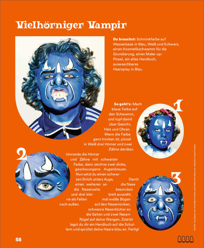 Das Titelbild der Ausgabe 7/21 der Zeitschrift ZEIT LEO zeigt ein Kind mit einem fantasievoll geschminkten Gesicht, das mehrere blaue Hörner und weiße Ornamente aufweist. Links unten und rechts oben sind zwei Detailbilder von Kindern, die ebenfalls ähnlich geschminkt sind. Der Hintergrund der Seite ist orangefarben, und Textanweisungen zur Gesichtsbemalung sind ebenfalls auf dem Bild vorhanden.