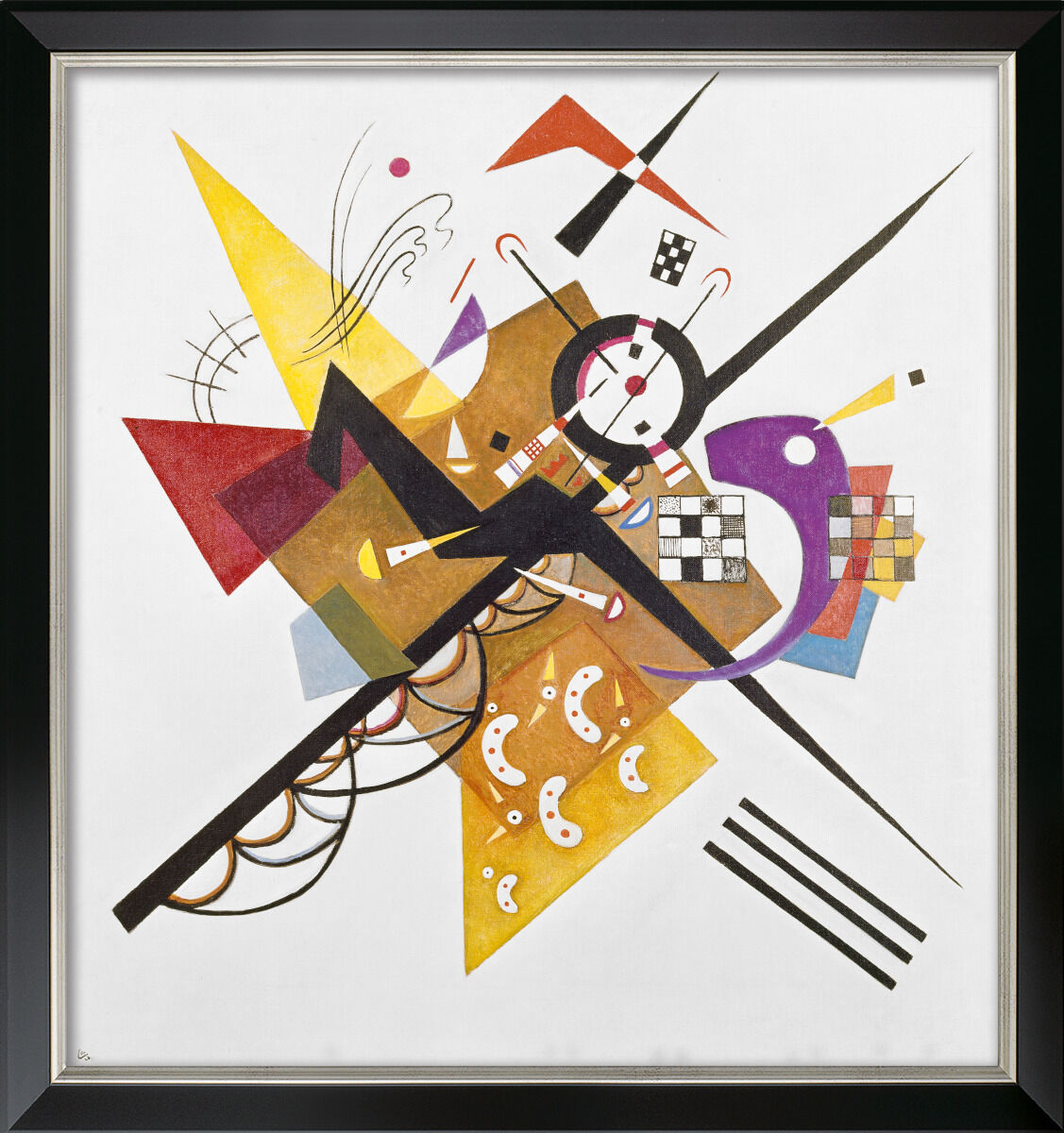 Ein abstraktes Kunstwerk von Wassily Kandinsky mit geometrischen Formen und bunten Farben, hauptsächlich Weiß, Gelb, Rot, Schwarz, Blau, Violett und Braun, gerahmt in Schwarz.