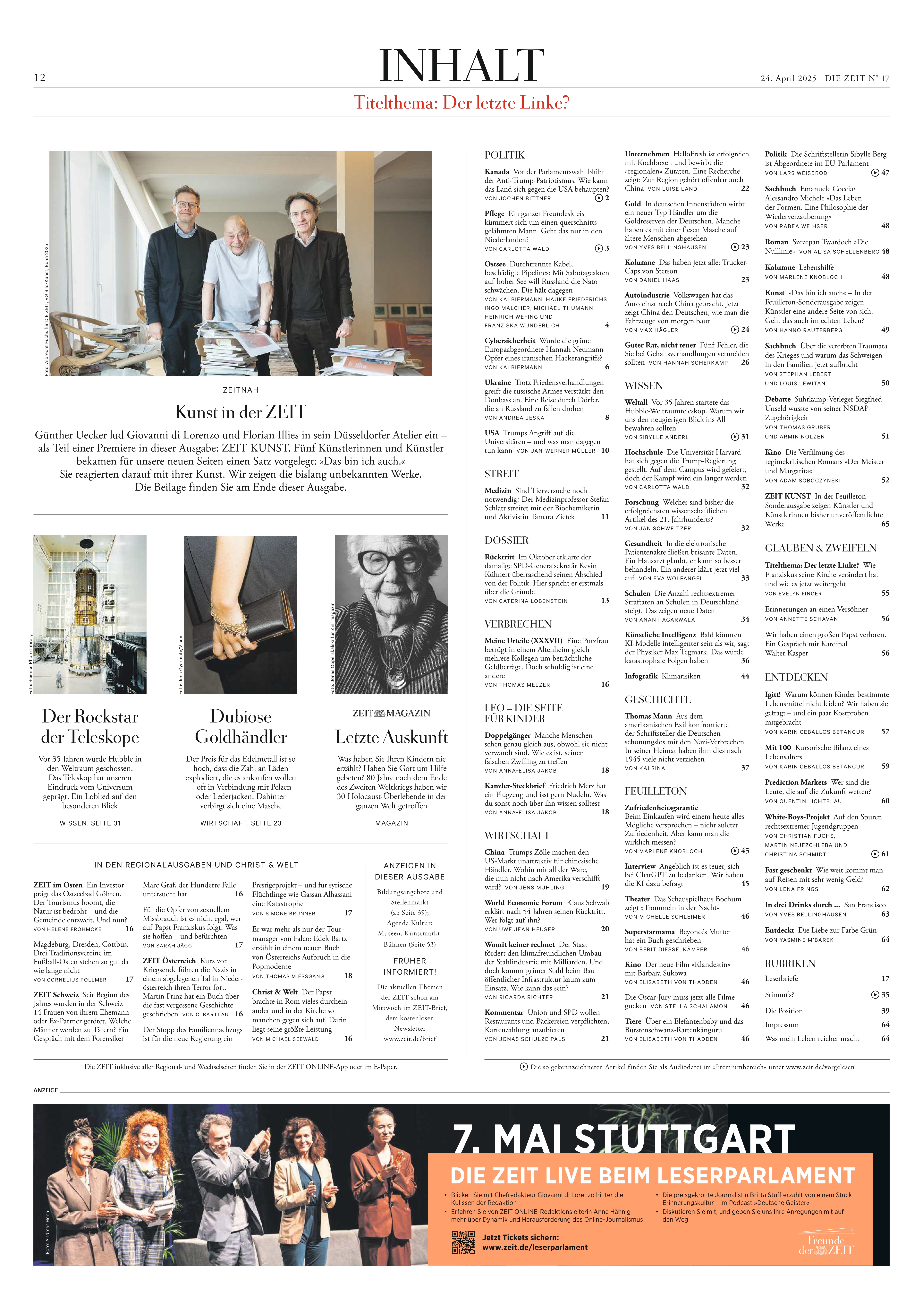 Titelseite der Wochenzeitung DIE ZEIT 17/2025 mit Inhaltsverzeichnis und Bilder von Personen. Oben links Bild einer Gruppe, unten eine Reihe von kleineren Bildern. Hauptfarben sind Weiß, Schwarz und Blau.