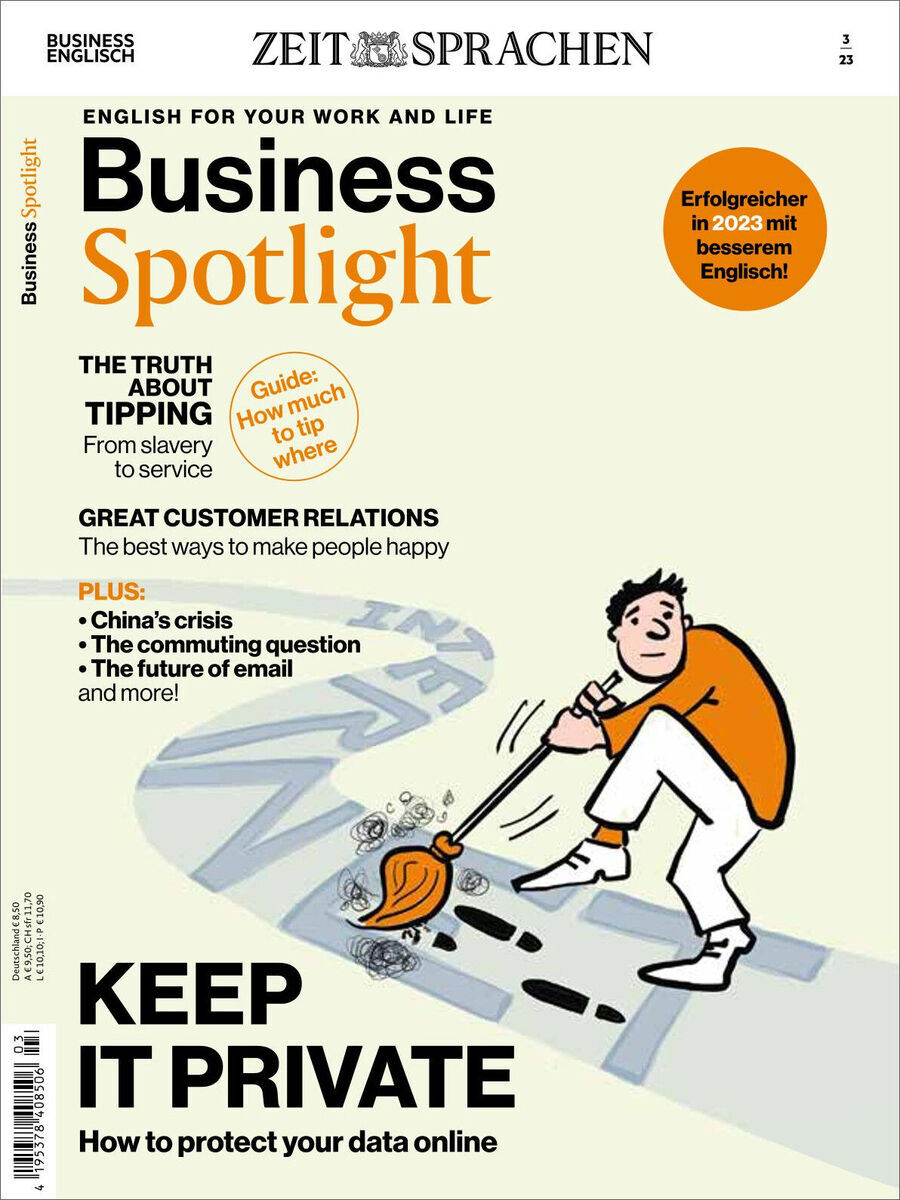 Cover des Business Spotlight Magazins 03/2023. Der Titel lautet 'Business Spotlight' in orange und schwarz, darunter mehrere Themen, darunter Datenschutz, das Trinkgeld-Wesen, Kundenbeziehungen und die Krise in China. Illustration eines Mannes mit einem Besen auf der rechten unteren Ecke.