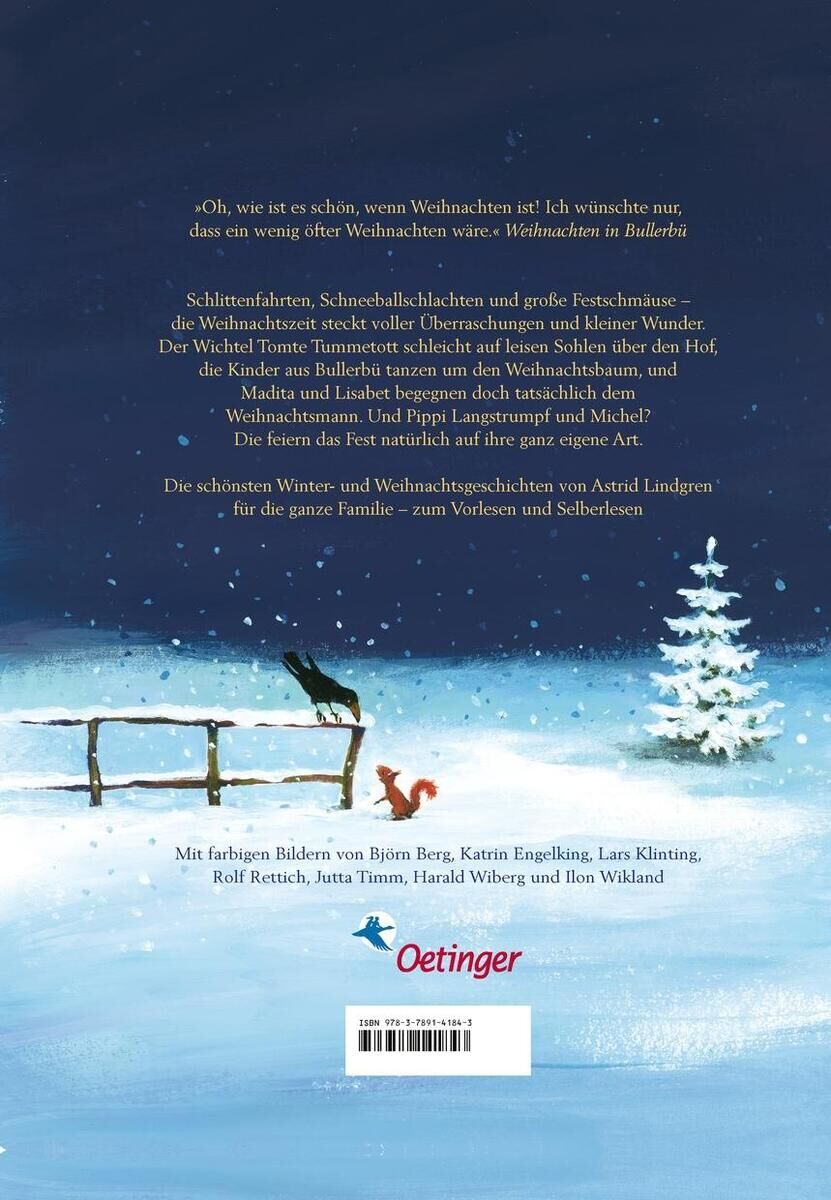 Das Buchcover von 'Weihnachten mit Astrid Lindgren' zeigt eine winterliche Landschaft mit einem verschneiten Baum und einem Zaun im Vordergrund. Ein rotes Eichhörnchen sitzt auf dem Zaun. Im Hintergrund sind dunkle Tannenbäume zu sehen. Der Himmel ist blau und schneebedeckt.