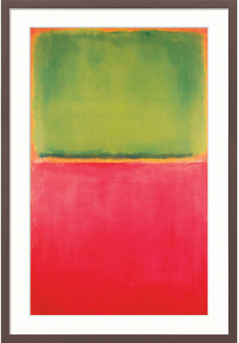 Abstraktes Gemälde von Mark Rothko mit einem großen grünen Farbfeld oben und einem großen roten Farbfeld unten, getrennt durch einen schmalen orangen Streifen.