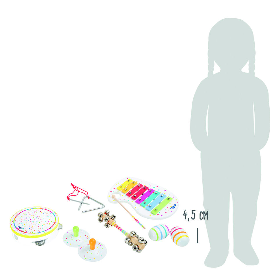 Das Bild zeigt ein farbenfrohes Musik-Set für Kinder, bestehend aus Xylophon, Tamburin, Rasseln und weiteren kleinen Instrumenten, arrangiert vor einer Silhouette eines Kindes als Größenvergleich. Die Instrumente sind in verschiedenen bunten Farben gestaltet.