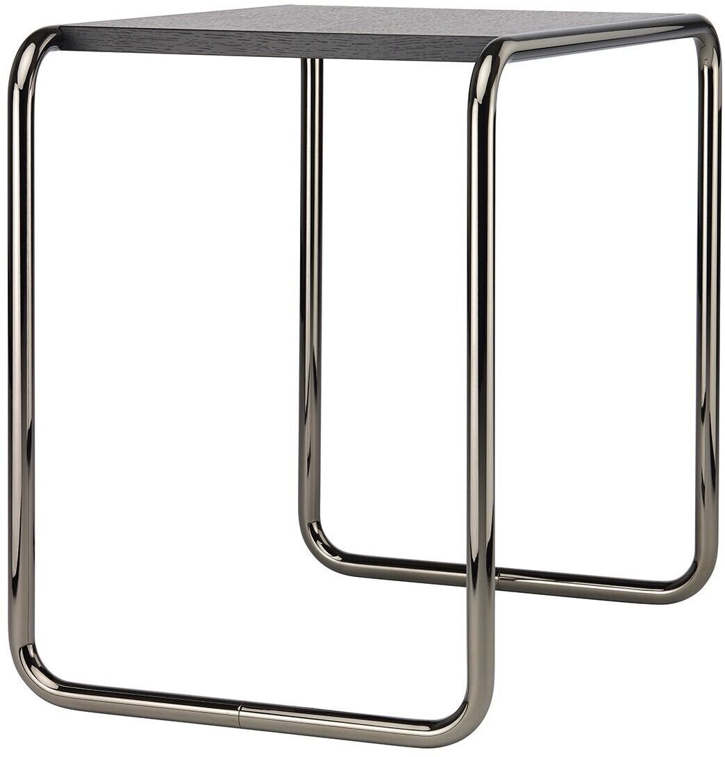 Ein moderner, schwarz lackierter Beistelltisch mit einem minimalistischen Design und einer robusten Stahlrohrkonstruktion. Der Tisch hat eine rechteckige Form mit abgerundeten Ecken und steht auf vier schlanken, silber glänzenden Beinen.
