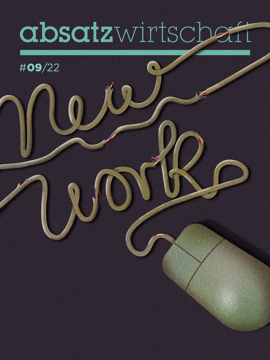 Cover der Fachzeitschrift absatzwirtschaft Ausgabe 9/22. Der Titel 'New Work' ist mit einem Kabel und einer Computermaus dargestellt.
