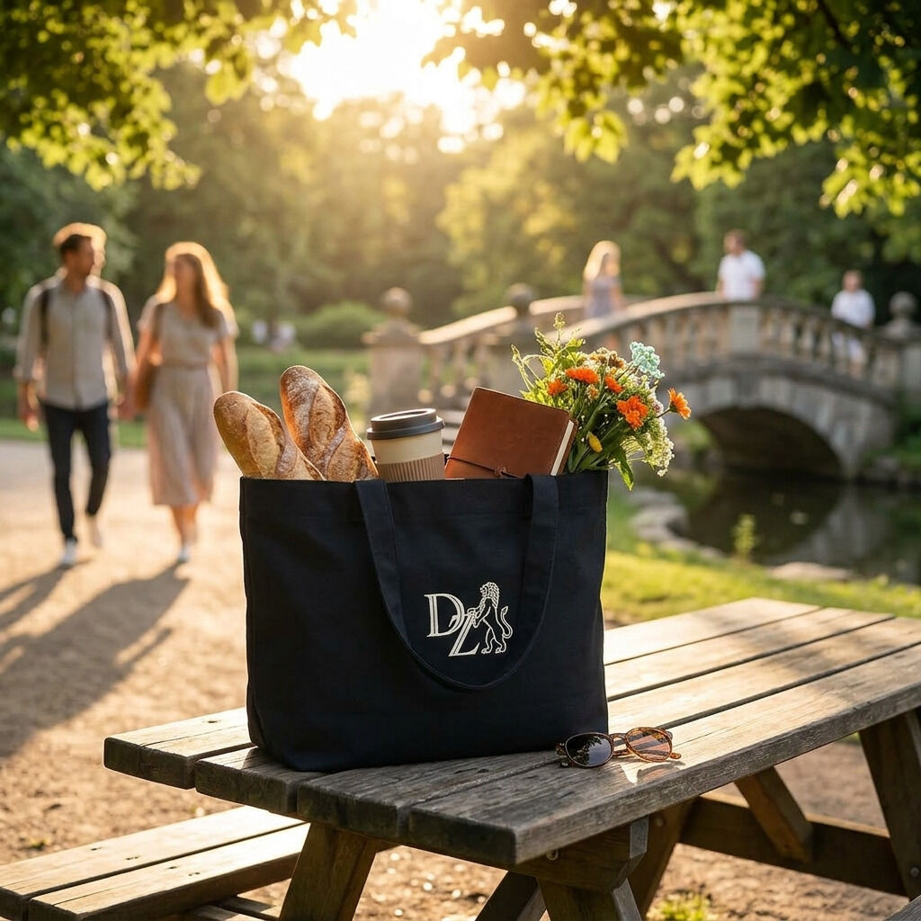 Schwarze ZEIT Canvas-Tasche »Schwarz« aus Cotton Canvas mit Sicht auf das dezente ZEIT-Logo, gefüllt mit Baguettes, Blumen und Heißgetränk auf Picknicktisch im Park. Sonnenlicht, Personen, grüne Bäume und eine Steinbrücke im Hintergrund, fröhliche, entspannte Stimmung.