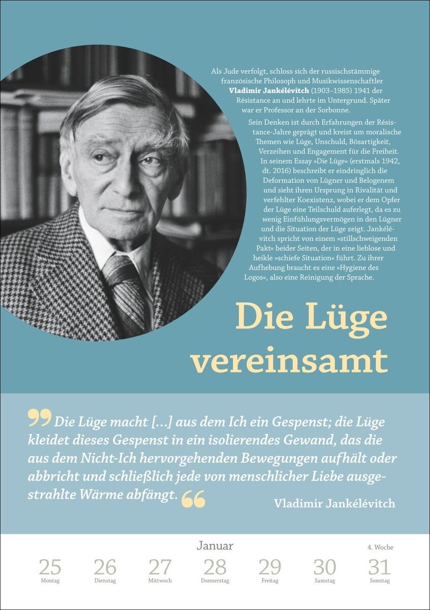 Detailreiche Kalenderseite aus dem »Philosophie« Kalender 2027 von DIE ZEIT mit Wochenübersicht, kurzem Porträt des Philosophen Vladimir Jankélévitch, seinem Foto im Kreis, einem philosophischen Zitat und Erklärung zum Thema Lüge; dominant blau, grau und weiß mit gelben Akzenten.