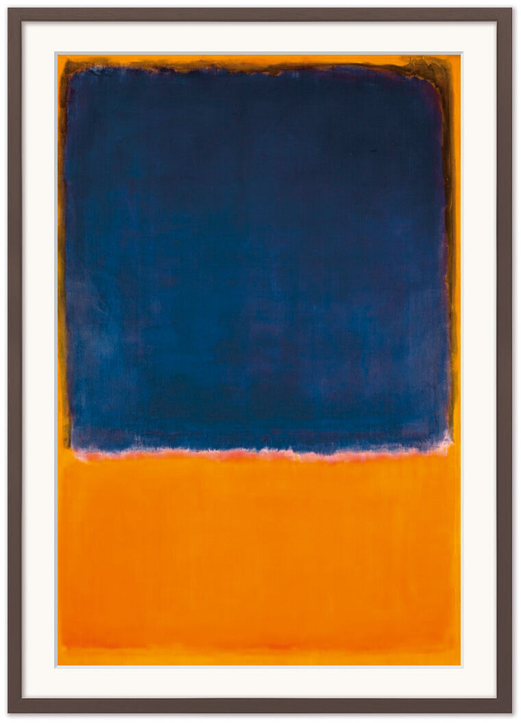 Ein abstraktes Gemälde von Mark Rothko aus dem Jahr 1950, betitelt 'Untitled'. Das Kunstwerk zeigt zwei übereinanderliegende rechteckige Farbflächen; der obere Bereich ist tiefblau, und der untere Bereich besteht aus einer lebhaften orangenen Farbfläche mit gelben und violetten Untertönungen.